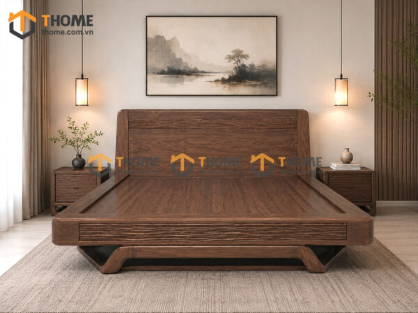 Giường Ngủ Gỗ Sồi Tự Nhiên 100% Đầu Gỗ Chân Gợn Sóng Màu Óc Chó GN-31SN