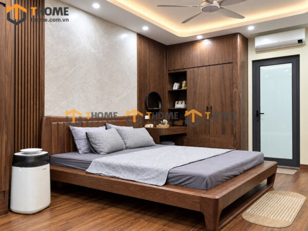 Giường Ngủ 100% Gỗ Sồi Tự Nhiên Đầu Gỗ Sọc Đứng Movado Màu Óc Chó GN-31SN