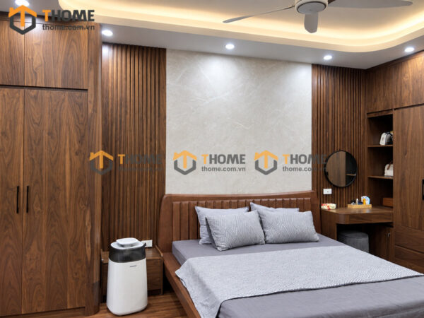 Giường Ngủ 100% Gỗ Sồi Tự Nhiên Đầu Gỗ Sọc Đứng Movado Màu Óc Chó GN-31SN