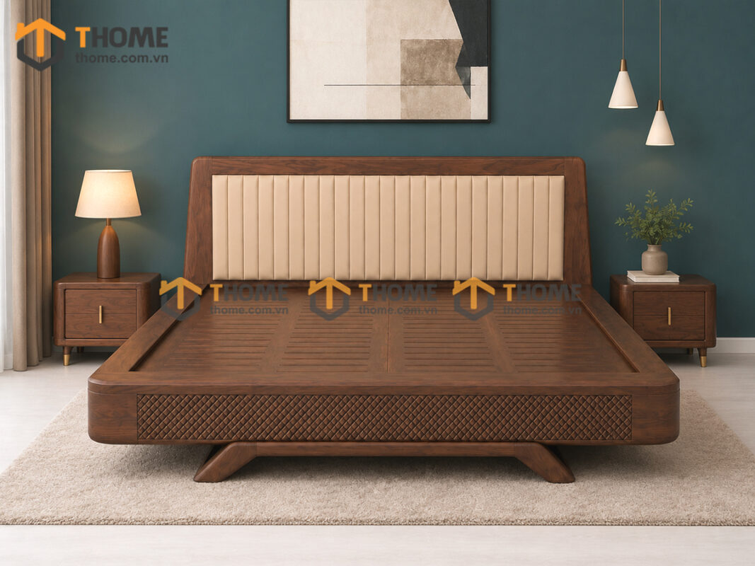 Giường Ngủ Gỗ Sồi Tự Nhiên 100% Đầu Nệm Chân U GNĐN-18SN