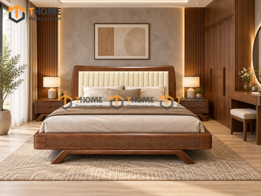 Giường Ngủ 100% Gỗ Sồi Tự Nhiên Đầu Nệm Chân U Dầy GNĐN-19SN