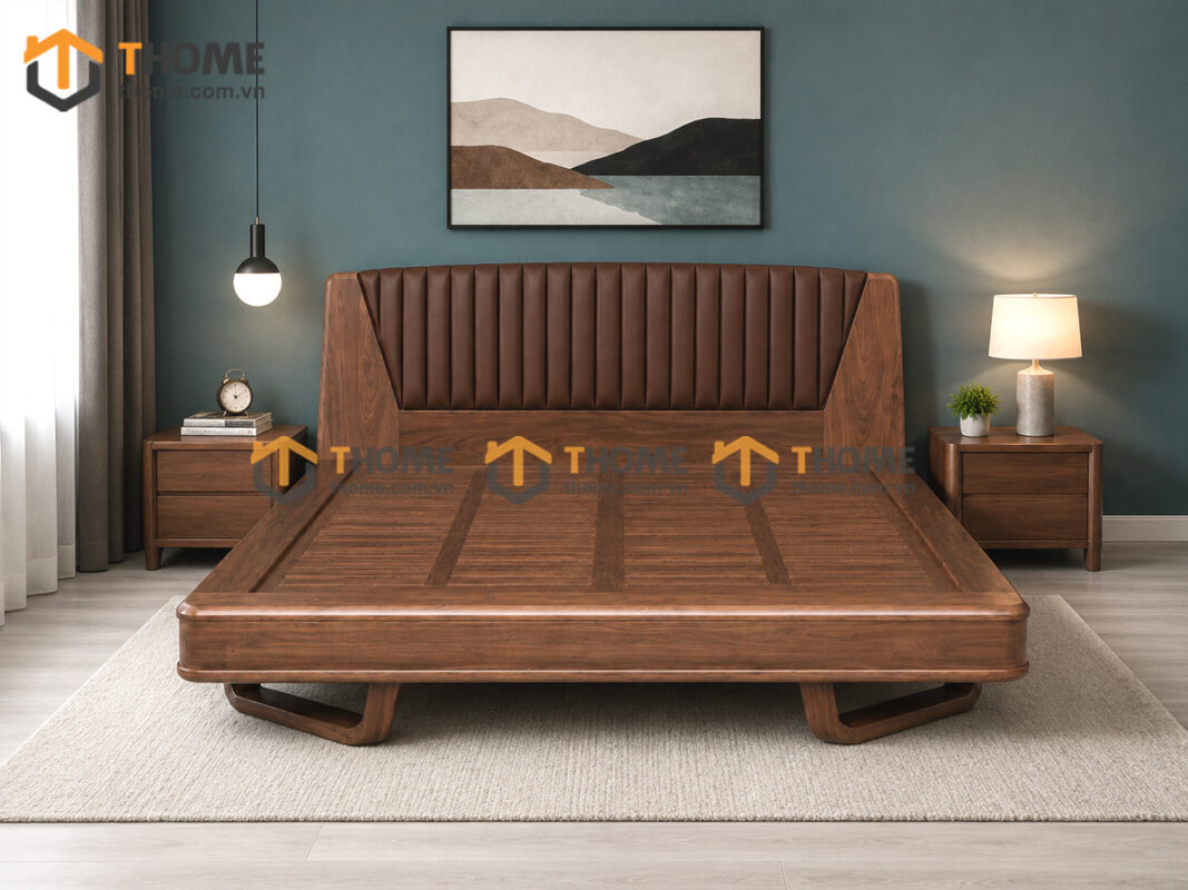 Giường Ngủ Gỗ Sồi Tự Nhiên 100% Đầu Nệm Chân Chéo GNĐN-19SN