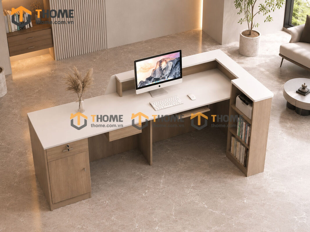Quầy Lễ Tân Gỗ Sồi Tự Nhiên Số 05 Góc L Kích Thước 2.2mx1.1m QUAYLETAN-05SN