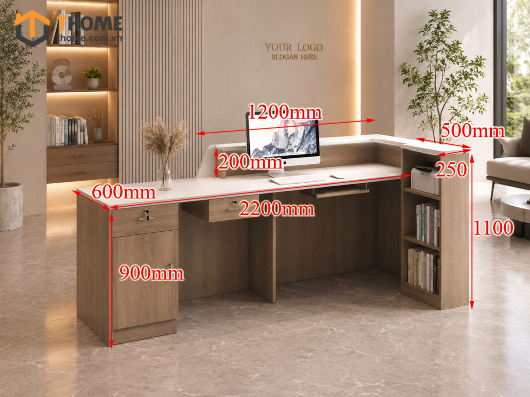 Quầy Lễ Tân Gỗ Sồi Tự Nhiên Số 05 Góc L Kích Thước 2.2mx1.1m QUAYLETAN-05SN