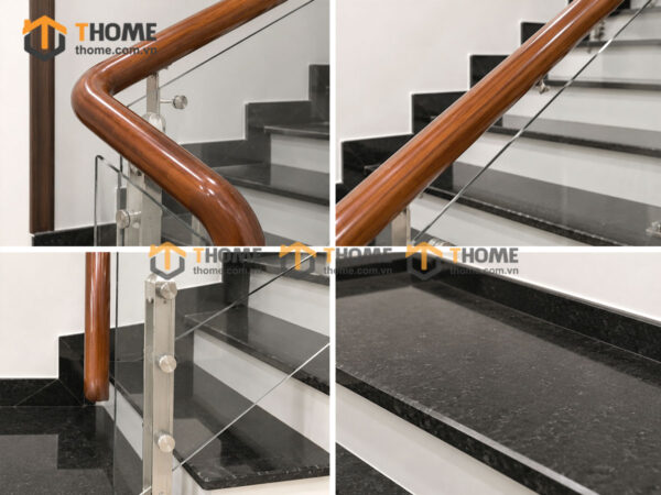 Tay Vịn Gỗ Sồi Hình Tròn Khung Kính Bậc Cầu Thang Đá Tự Nhiên TAYVIN-04SN