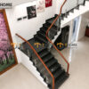 Tay Vịn Gỗ Sồi Hình Tròn Khung Kính Bậc Cầu Thang Đá Tự Nhiên TAYVIN-04SN