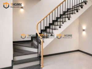 Tay Vịn Gỗ Sồi Hình Tròn Khung Sắt Bậc Cầu Thang Đá Tự Nhiên TAYVIN-05SN