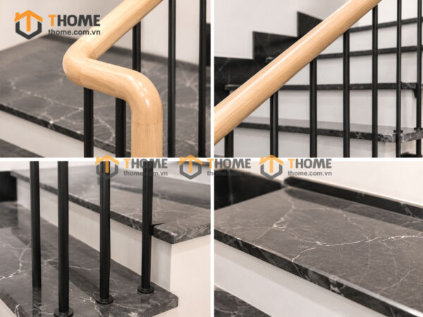 Tay Vịn Gỗ Sồi Hình Tròn Khung Sắt Bậc Cầu Thang Đá Tự Nhiên TAYVIN-05SN