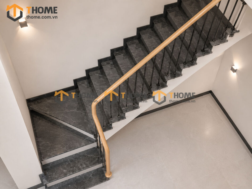 Tay Vịn Gỗ Sồi Hình Tròn Khung Sắt Bậc Cầu Thang Đá Tự Nhiên TAYVIN-05SN