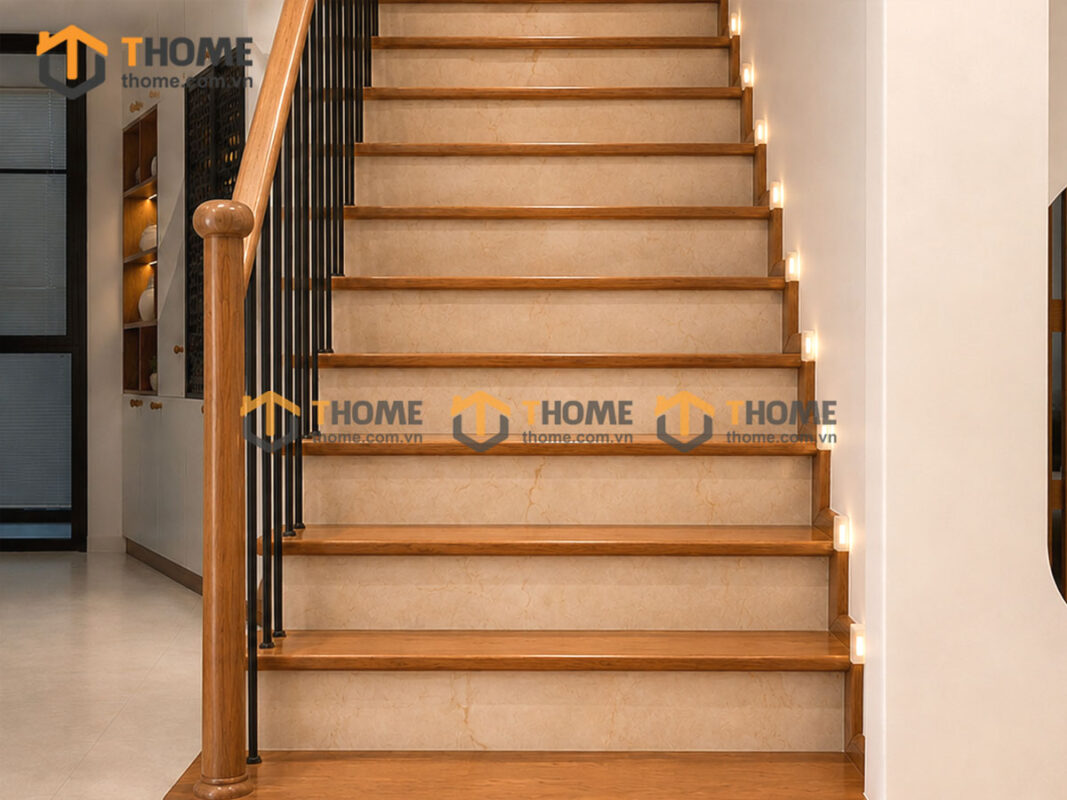 Tay Vịn Gỗ Sồi Hình Tròn Khung Sắt Bậc Cầu Thang Gỗ Tự Nhiên TAYVIN-06SN