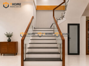 Tay Vịn Gỗ Sồi Hình Vuông Khung Kính Bậc Cầu Thang Đá Tự Nhiên TAYVIN-01SN