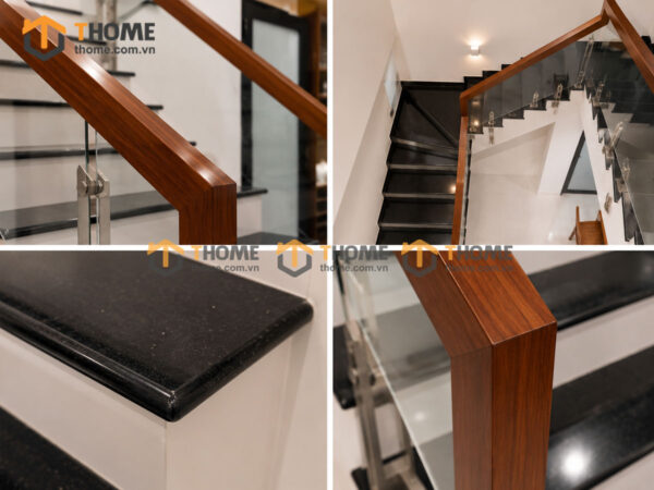 Tay Vịn Gỗ Sồi Hình Vuông Khung Kính Bậc Cầu Thang Đá Tự Nhiên TAYVIN-01SN