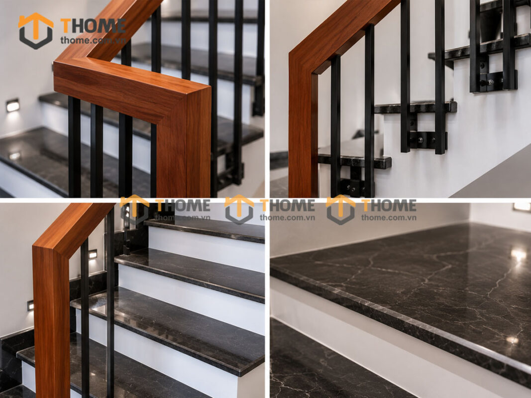 Tay Vịn Gỗ Sồi Hình Vuông Khung Sắt Bậc Cầu Thang Đá Tự Nhiên TAYVIN-02SN