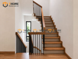 Tay Vịn Gỗ Sồi Hình Vuông Khung Sắt Bậc Cầu Thang Gỗ Tự Nhiên TAYVIN-03SN