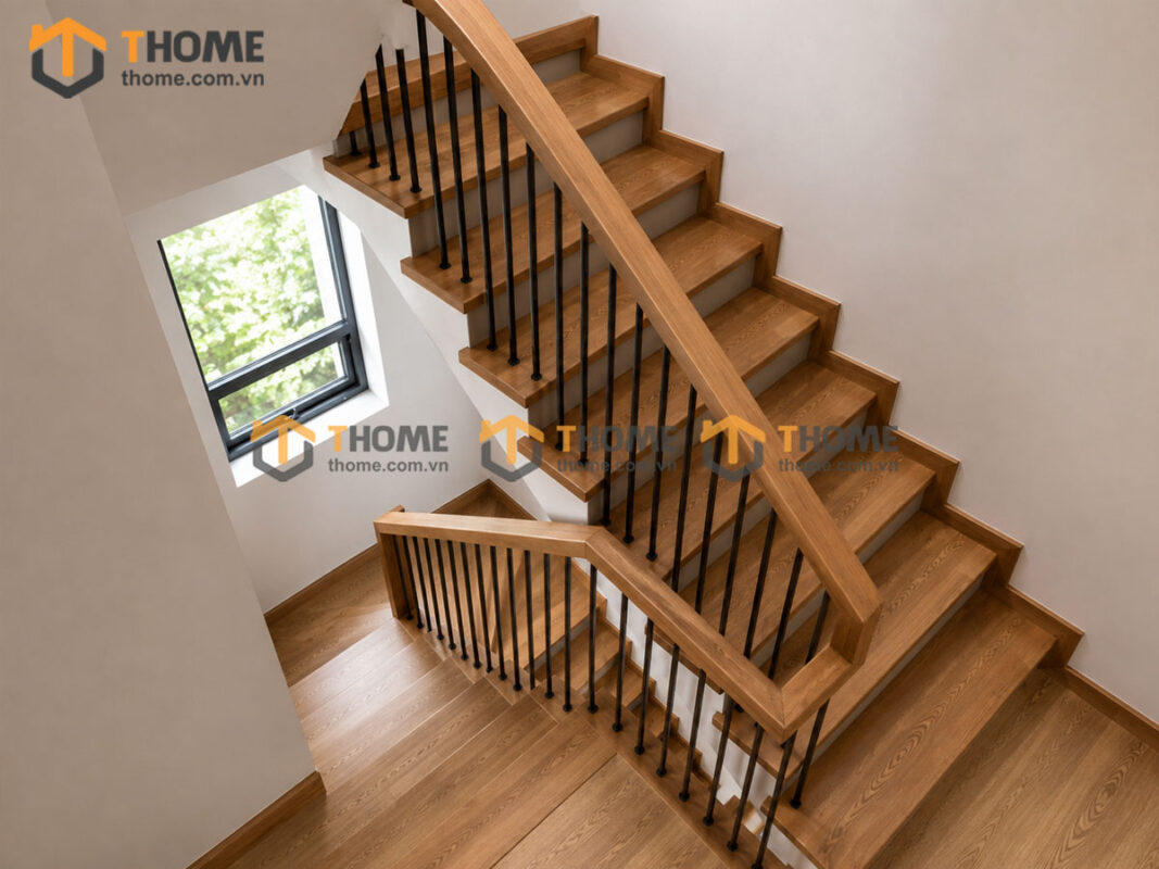 Tay Vịn Gỗ Sồi Hình Vuông Khung Sắt Bậc Cầu Thang Gỗ Tự Nhiên TAYVIN-03SN