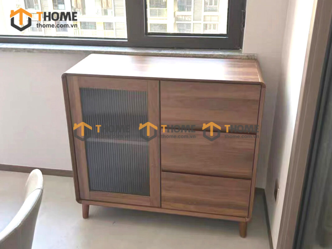 Tủ Chén Gỗ Sồi Tự Nhiên 1 Cánh Mở Kính Mờ TC1T-18SN