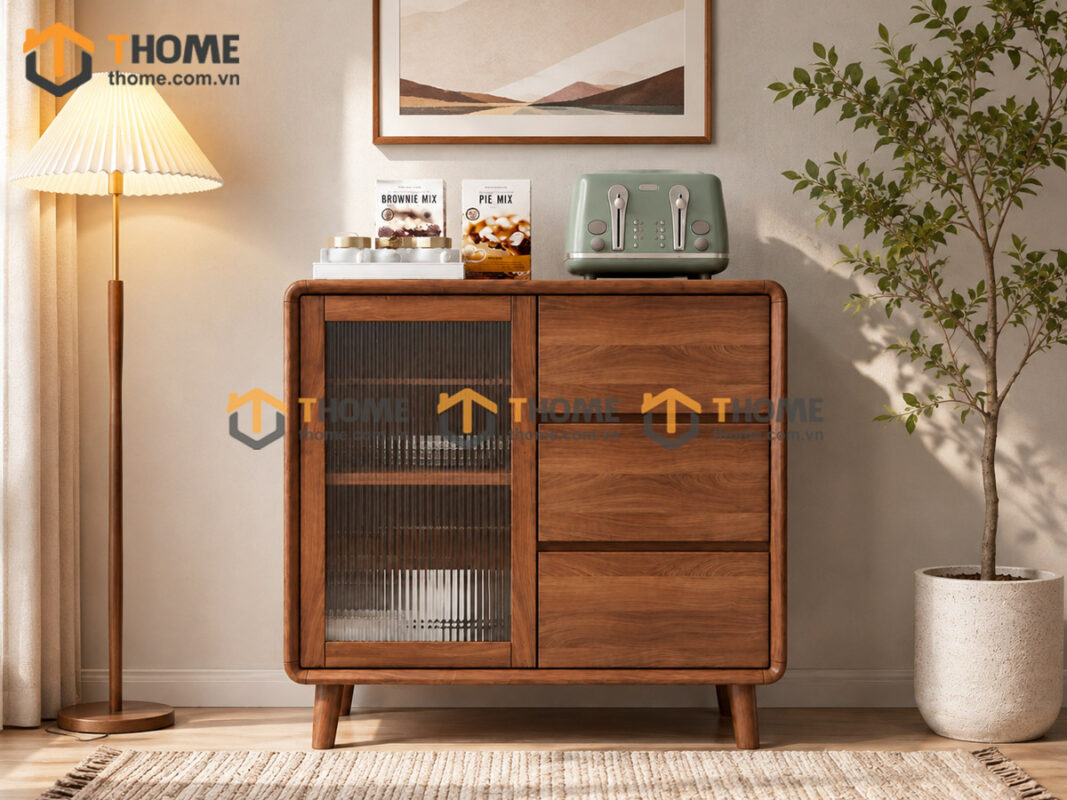 Tủ Chén Gỗ Sồi Tự Nhiên 1 Cánh Mở Kính Mờ TC1T-18SN