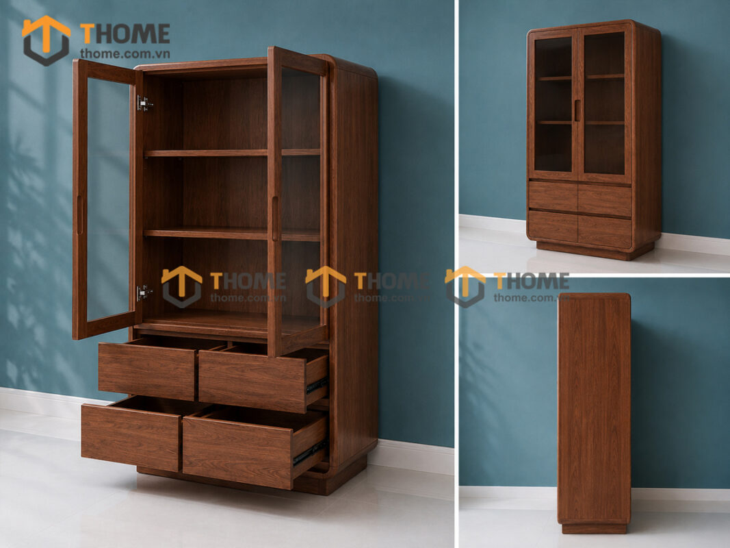 Tủ Kính Gỗ Sồi Tự Nhiên Mini 2 Cánh 0.9m TK-11SN
