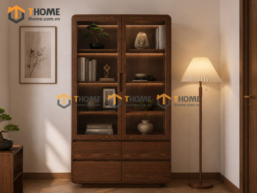 Tủ Kính Gỗ Sồi Tự Nhiên Mini 2 Cánh 0.9m TK-11SN
