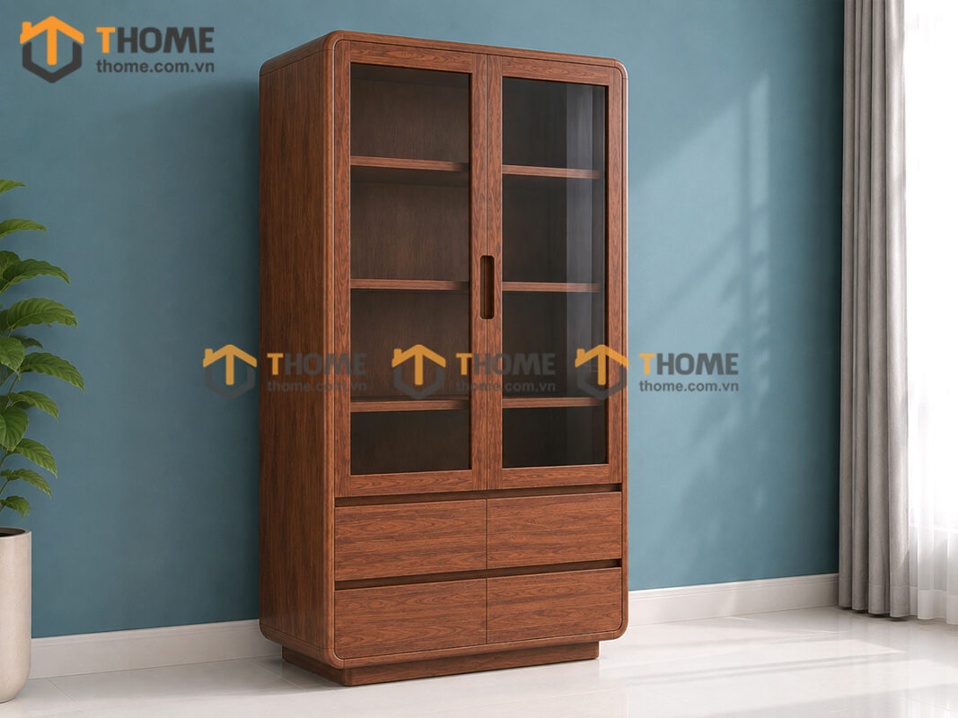 Tủ Kính Gỗ Sồi Tự Nhiên Mini 2 Cánh 0.9m TK-11SN