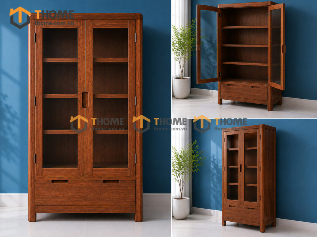 Tủ Kính Gỗ Sồi Tự Nhiên Nova 2 Cánh 0.9m TK-10SN