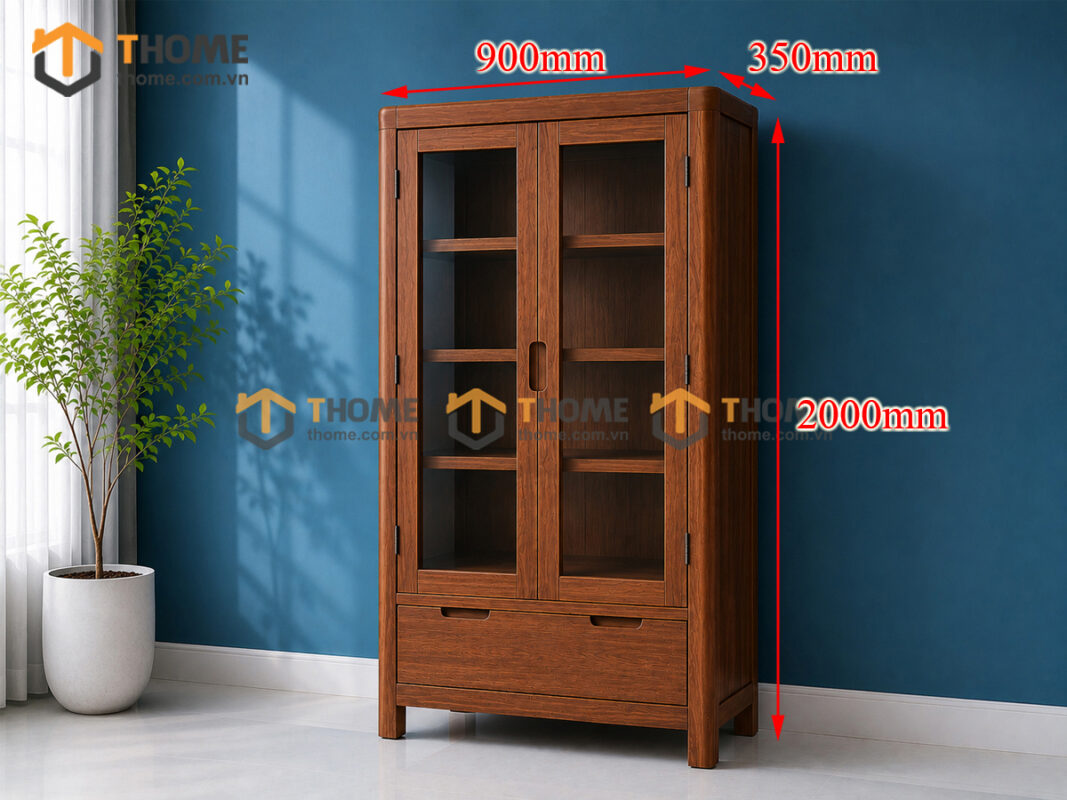 Tủ Kính Gỗ Sồi Tự Nhiên Nova 2 Cánh 0.9m TK-10SN