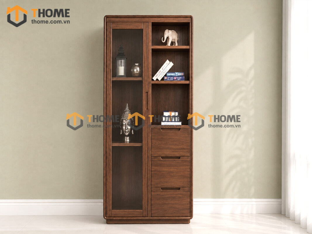 Tủ Kính Gỗ Sồi Tự Nhiên 3 Hộc Kéo Bên Phải 0.9m TK-14SN