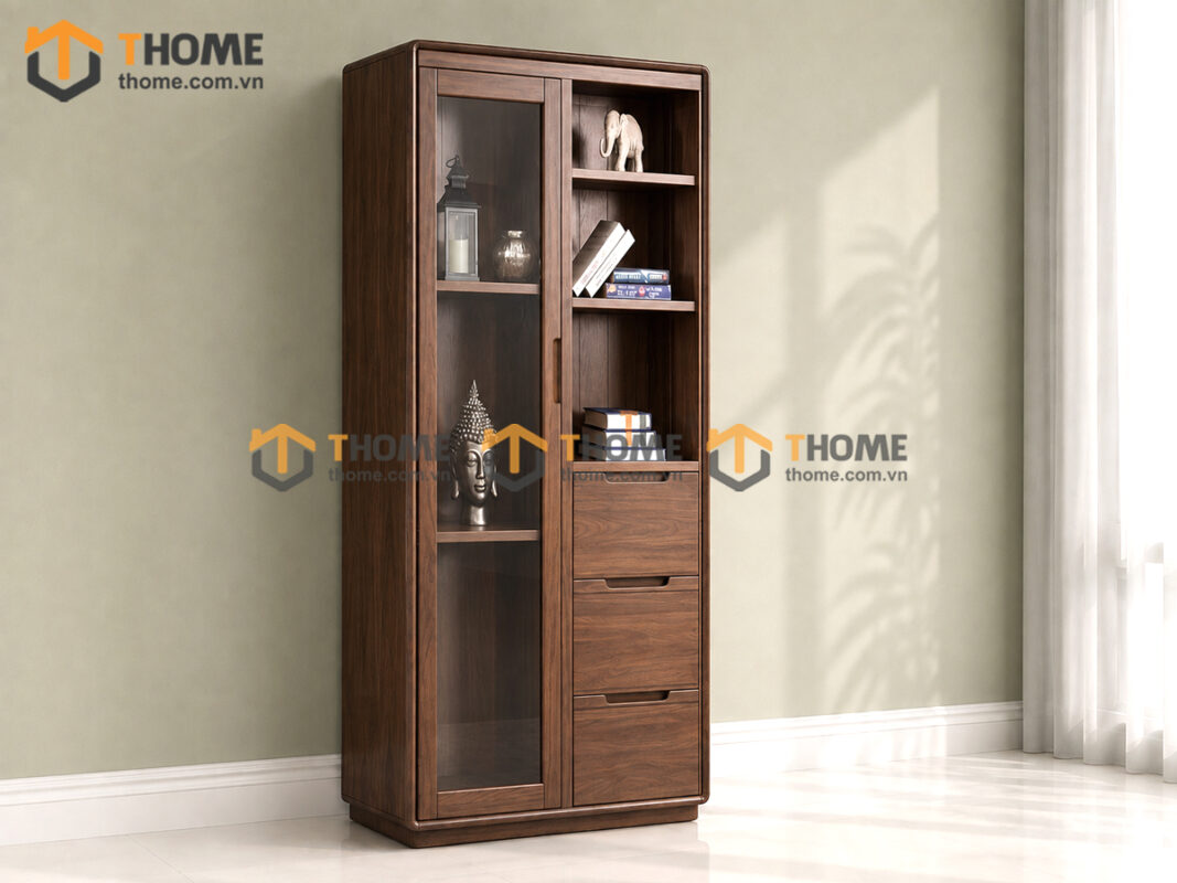 Tủ Kính Gỗ Sồi Tự Nhiên 3 Hộc Kéo Bên Phải 0.9m TK-14SN