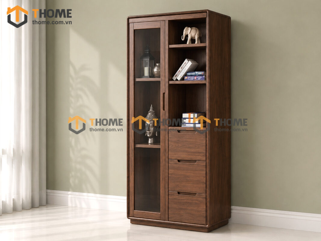 Tủ Kính Gỗ Sồi Tự Nhiên 3 Hộc Kéo Bên Phải 0.9m TK-14SN