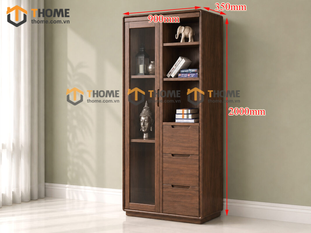 Tủ Kính Gỗ Sồi Tự Nhiên 3 Hộc Kéo Bên Phải 0.9m TK-14SN