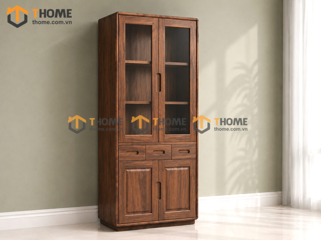 Tủ Kính Gỗ Sồi Tự Nhiên 3 Hộc Kéo Giữa 0.9m TK-13SN