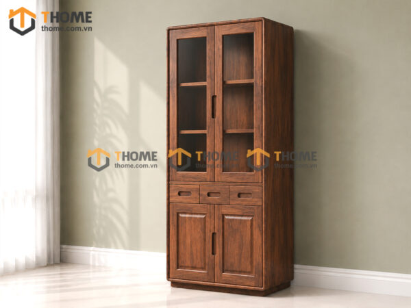 Tủ Kính Gỗ Sồi Tự Nhiên 3 Hộc Kéo Giữa 0.9m TK-13SN