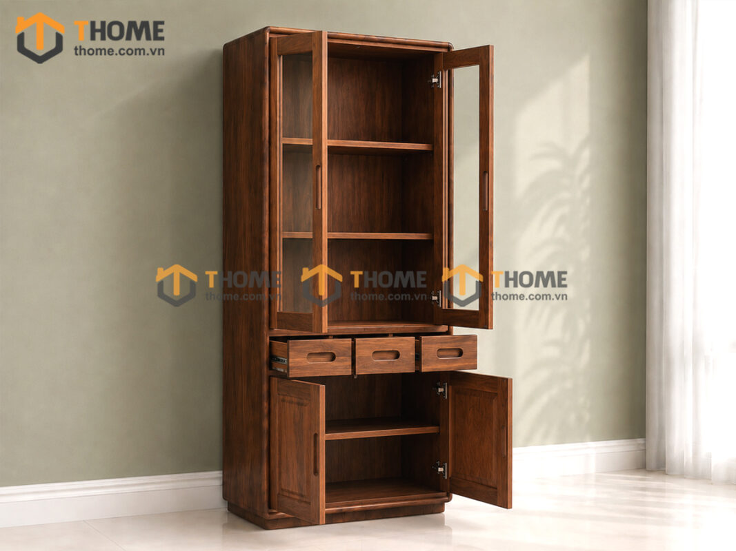 Tủ Kính Gỗ Sồi Tự Nhiên 3 Hộc Kéo Giữa 0.9m TK-13SN
