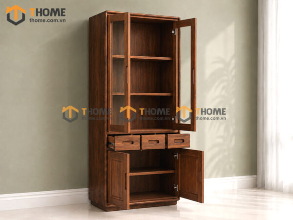 Tủ Kính Gỗ Sồi Tự Nhiên 3 Hộc Kéo Giữa 0.9m TK-13SN