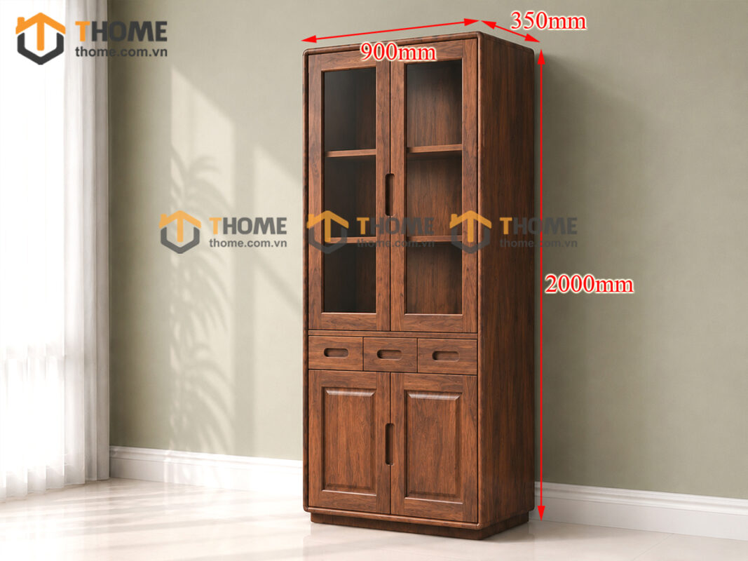 Tủ Kính Gỗ Sồi Tự Nhiên 3 Hộc Kéo Giữa 0.9m TK-13SN