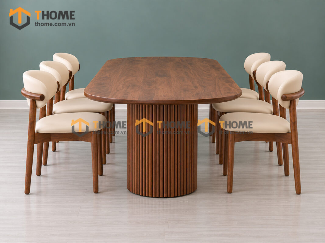 Bộ Bàn Ăn 2 Chân Tròn Lan Sọc 6 Ghế Gỗ Sồi Tự Nhiên BBA6-78SN