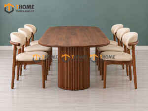 Bộ Bàn Ăn 2 Chân Tròn Lan Sọc 6 Ghế Gỗ Sồi Tự Nhiên BBA6-78SN