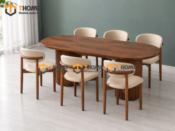 Bộ Bàn Ăn 2 Chân Tròn Lan Sọc 6 Ghế Gỗ Sồi Tự Nhiên BBA6-78SN