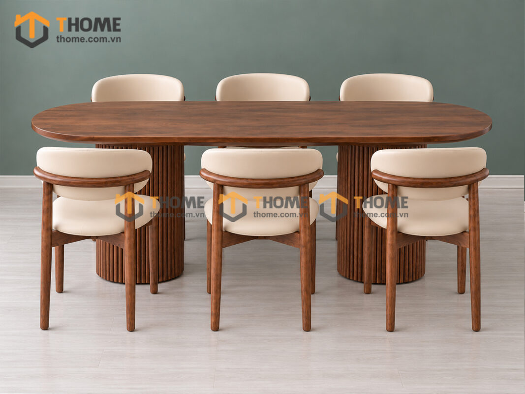 Bộ Bàn Ăn 2 Chân Tròn Lan Sọc 6 Ghế Gỗ Sồi Tự Nhiên BBA6-78SN
