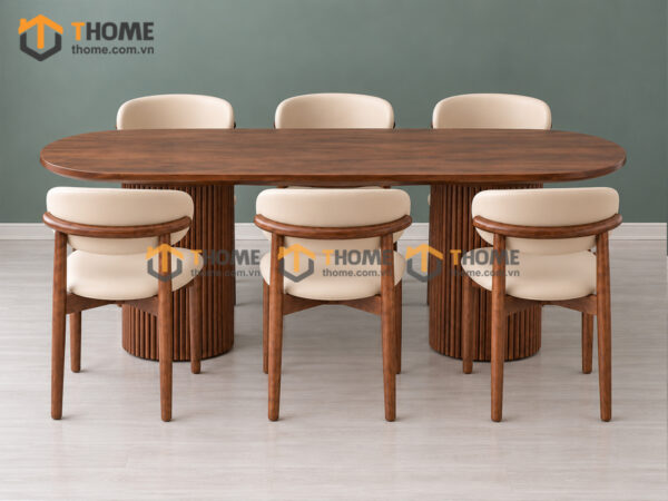 Bộ Bàn Ăn 2 Chân Tròn Lan Sọc 6 Ghế Gỗ Sồi Tự Nhiên BBA6-78SN