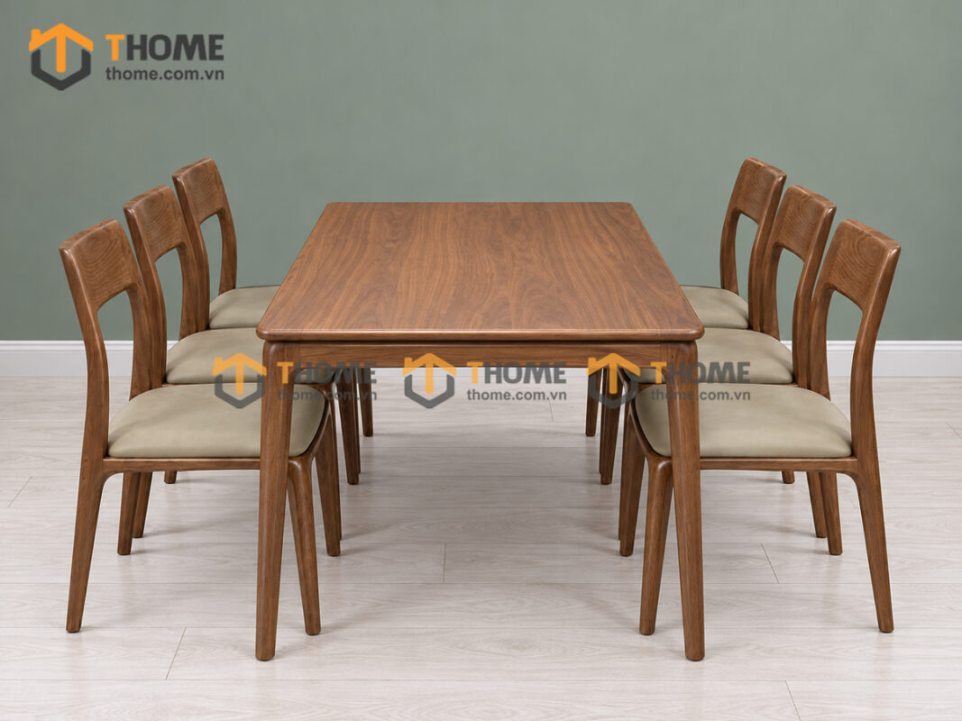Bộ Bàn Ăn 2 Chân Tròn Lan Sọc 6 Ghế Gỗ Sồi Tự Nhiên BBA6-78SN