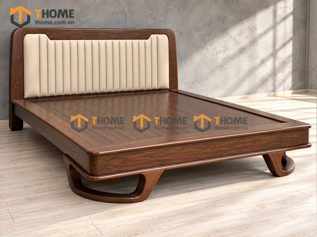 Giường Ngủ 100% Gỗ Sồi Tự Nhiên Đầu Nệm Chân Chéo Cong GNĐN-20SN