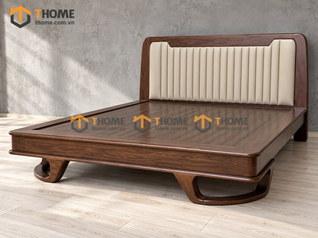 Giường Ngủ 100% Gỗ Sồi Tự Nhiên Đầu Nệm Chân Chéo Cong GNĐN-20SN