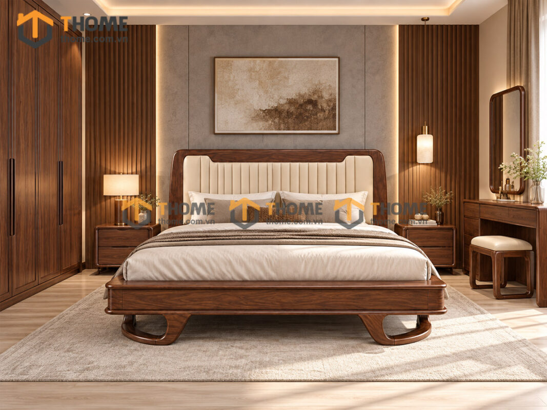 Giường Ngủ 100% Gỗ Sồi Tự Nhiên Đầu Nệm Chân Chéo Cong GNĐN-20SN