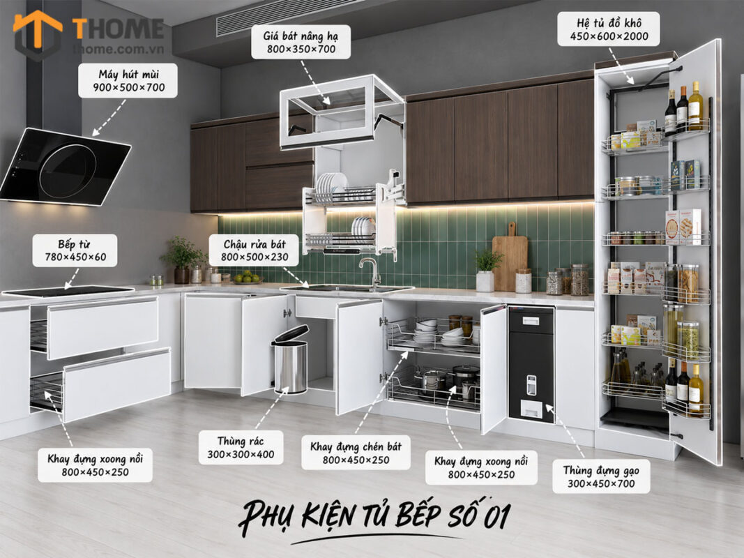 Phụ kiện tủ bếp – Tối ưu không gian cho tủ bếp gỗ sồi tự nhiên