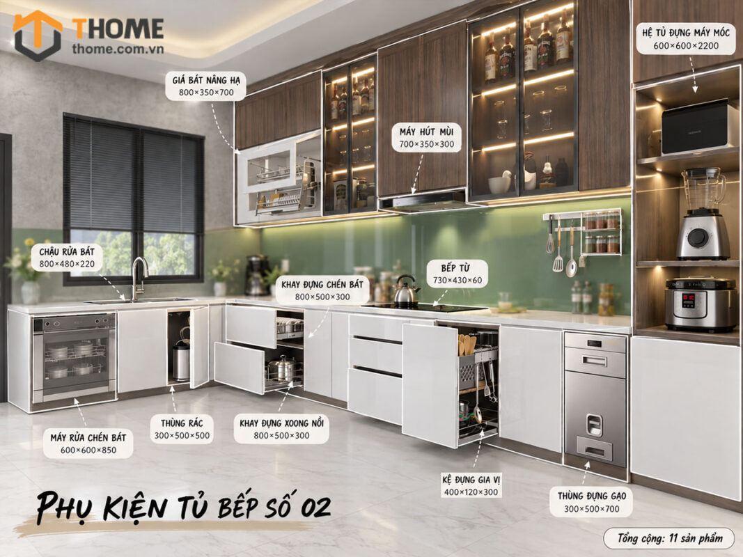 Phụ kiện tủ bếp – Tối ưu không gian cho tủ bếp gỗ sồi tự nhiên