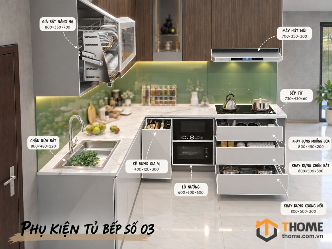 Phụ kiện tủ bếp – Tối ưu không gian cho tủ bếp gỗ sồi tự nhiên