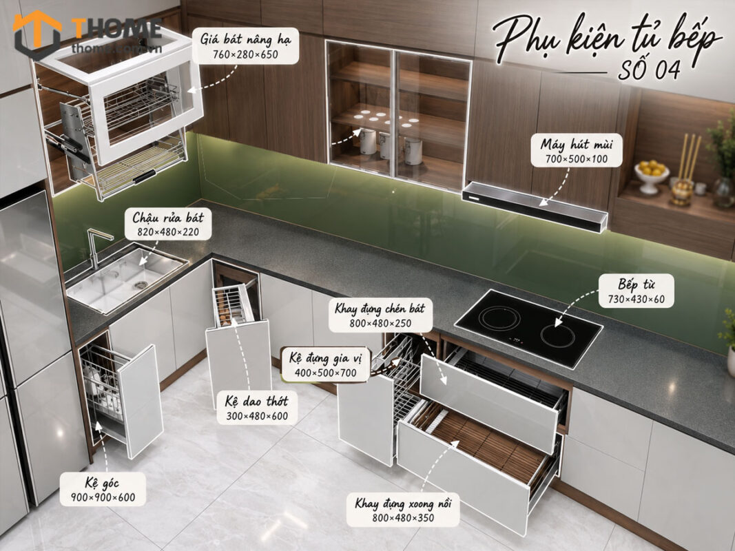 Phụ kiện tủ bếp – Tối ưu không gian cho tủ bếp gỗ sồi tự nhiên