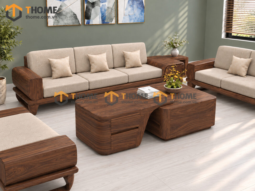 Sofa Gỗ Sồi Tự Nhiên YeTi 5 Món Màu Óc Chó SFĐ-44SN