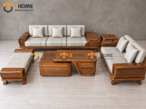 Sofa Gỗ Sồi Tự Nhiên Cao Cấp YeTi 5 Món Màu Óc Chó SFĐ-44SN